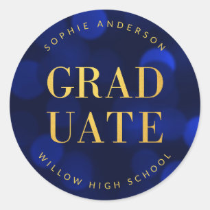 Sticker Rond Sapphire Blue Bokeh Faux Gold Graduate