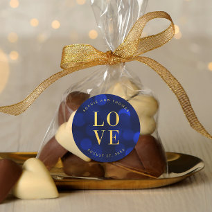 Sticker Rond Sapphire Blue Bokeh Lights Faux Gold Love