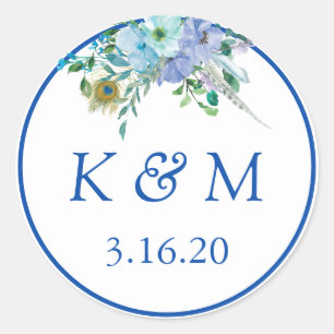 Sticker Rond Sapphire Blue Floral Monogramme Mariage Faveur