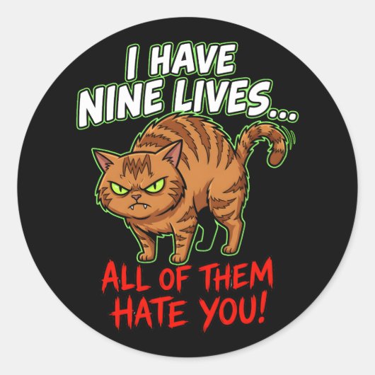 Sticker Rond Sarcastic Tabby Cat Nine Lives Hate You Funny (Devant)