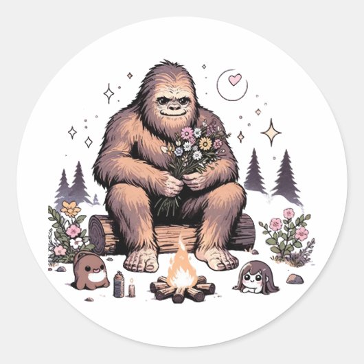 Sticker Rond Sasquatch tenant des fleurs (Devant)