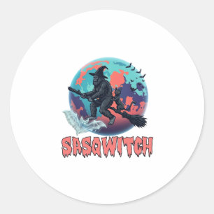 Sticker Rond Sasqwitch Bigfoot Sorcière Balai Chat Noir Lune Ha