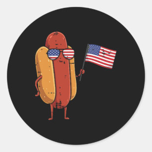 Sticker Rond Saucisse De Poche Du 4 Juillet Hotdog Usa Patriote