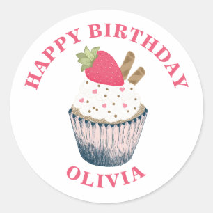 Sticker Rond Saupoudrer de coeur rose, Cupcake aux fraises Anni