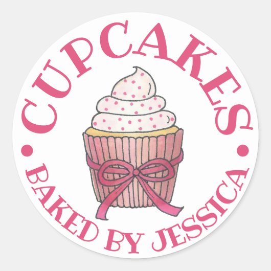Sticker Rond Saupoudrer De Cupcake Rose Fait Maison, Cuit Avec  (Devant)