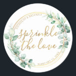 Sticker Rond Saupoudrer L'Amour Or Verdure Eucalyptus fantaisie<br><div class="desc">Saupoudrer L'Écualyptus Gold Green Love Fancy Classic Round Sticker. Doté de feuilles d'eucalyptus à aquarelle,  d'un cadre rond doré et d'une feuille d'or manuscrite Sprinkle The Love text. Peut également être personnalisé pour le Baby shower,  la Fête des mariées,  etc.</div>