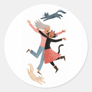 Sticker Rond Sauter de Joie Amis et Chats Enjoués Autour