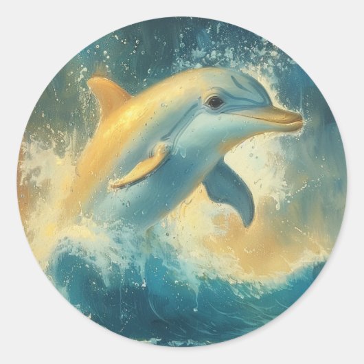 Sticker Rond Sauts de dauphin bleu dans les vagues (Devant)