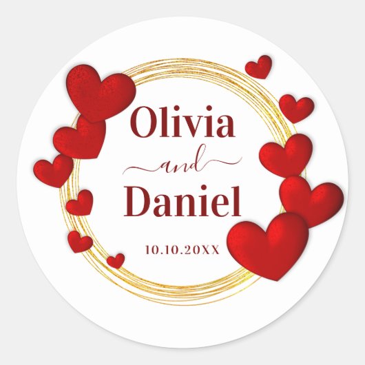 Sticker Rond Sauvegarder la Date, Cœurs Rouges de Mariage Perso (Devant)