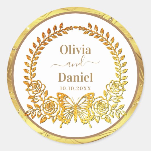 Sticker Rond Sauvegarder la date, Papillon d'or et Fleur (Devant)