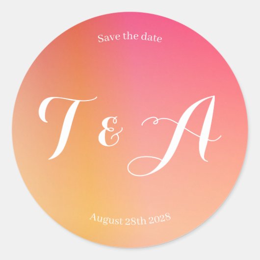 Sticker Rond Sauver la Date Monogramme Moderne Coucher de solei (Devant)