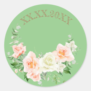 Sticker Rond Sauver la date roses couronne verte 