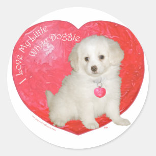 Sticker Rond Sauvetage de Saint-Valentin de Petit Chien Blanc