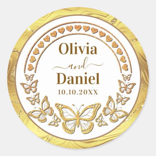 Sticker Rond Sauvez la Date, Papillons Dorés et Cœurs (Devant)