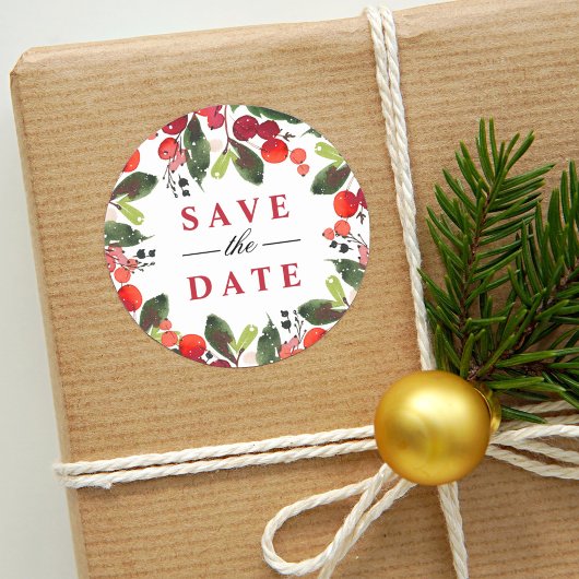 Sticker Rond Sauvez la date Red Christmas Greenery Wreath
