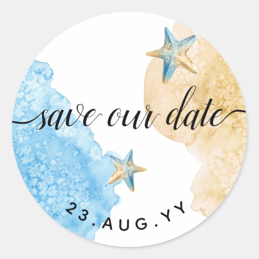 Sticker Rond Sauvez notre date Watercolor Coastal Beach Wedding (Devant)