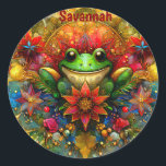 Sticker Rond SAVANNAH ~ SHINING Christmas FROG ~<br><div class="desc">J'ai créé ce motif AI généré par ordinateur sur NightCafe en utilisant mon imagination. Il présente des teintes de Noël,  mettant l'accent sur l'aspect 3D du motif. Ce design est celui que n'importe qui aimerait. Liz a fait ce motif.</div>