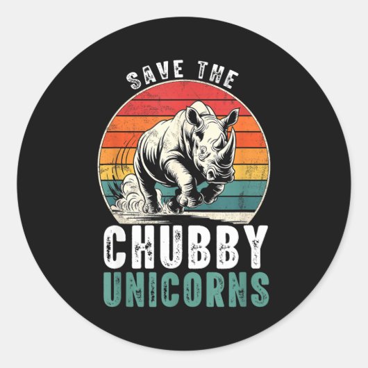 Sticker Rond Save The Chubby Unicorns Funny Retro Rhino Animal (Devant)
