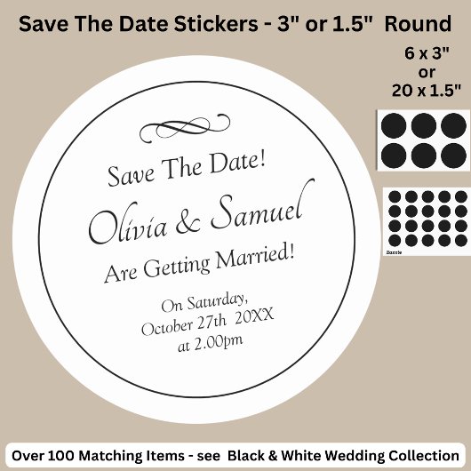 Sticker Rond Save The Date - Black & White with Infinity Scroll