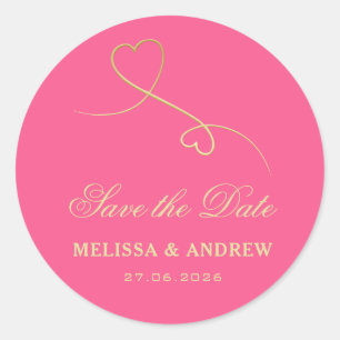Sticker Rond Save the date   Gold Hearts Fuchsia Mariage rose