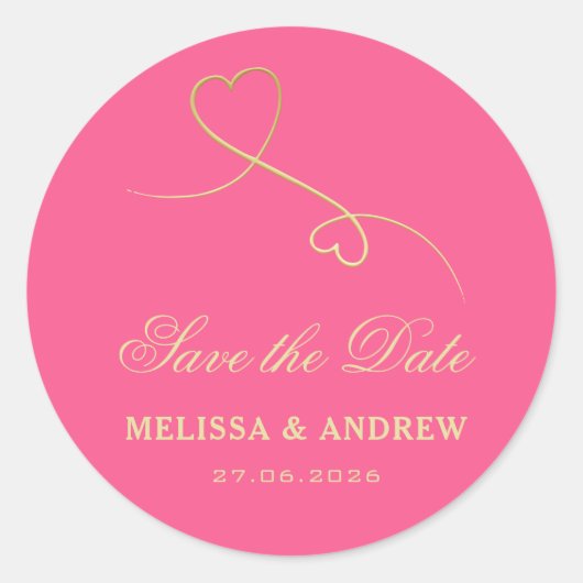 Sticker Rond Save the date | Gold Hearts Fuchsia Mariage rose (Devant)