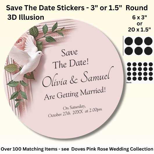 Sticker Rond Save The Date - Pink Roses & Doves Wedding