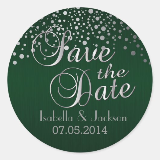 Sticker Rond Save the date | Points d'argent et vert | Personna (Devant)
