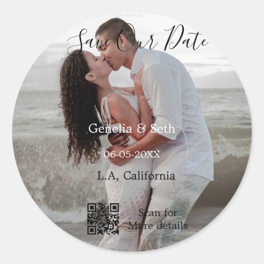 Sticker Rond Save the date simple minimal QR scan code details (Devant)