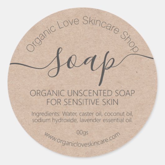 Sticker Rond Savon biologique artisanal Kraft simple (Devant)