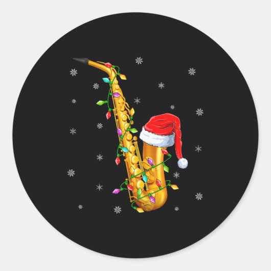 Sticker Rond Saxophone Music Lover Xmas Lights Santa Saxophone (Devant)