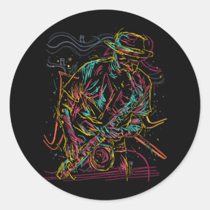 Sticker Rond Saxophoniste Jazz Musicien Idée Saxophone Music Pl