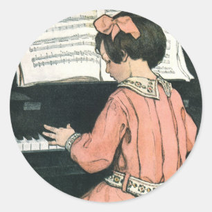 Sticker Rond Scales de Jessie Willcox Smith, Piano Music Girl