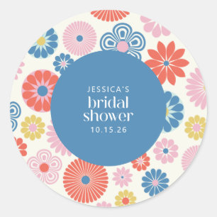 Sticker Rond Scandi Boho Folk Fête des mariées bleu fleur