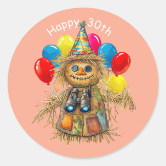 Sticker Rond Scarecrow Birdwatcher 30th Birthday Design 