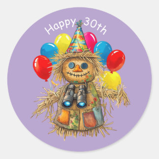 Sticker Rond Scarecrow Birdwatcher 30th Birthday Design 