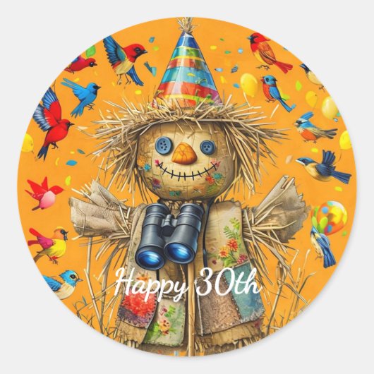 Sticker Rond Scarecrow Birdwatcher Birthday Custom Design (Devant)