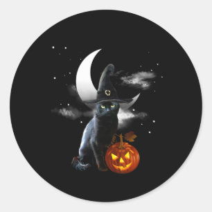Sticker Rond Scary Halloween Chat Noir Sorcière Casquette Et Ci