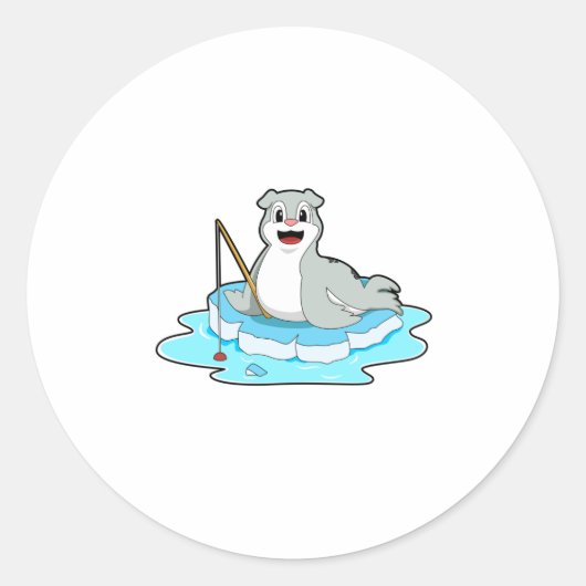 Sticker Rond Sceau à la pêche avec canne à pêche (Devant)