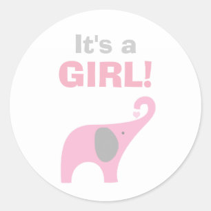 Sticker Rond Sceau Baby shower rose et gris éléphant