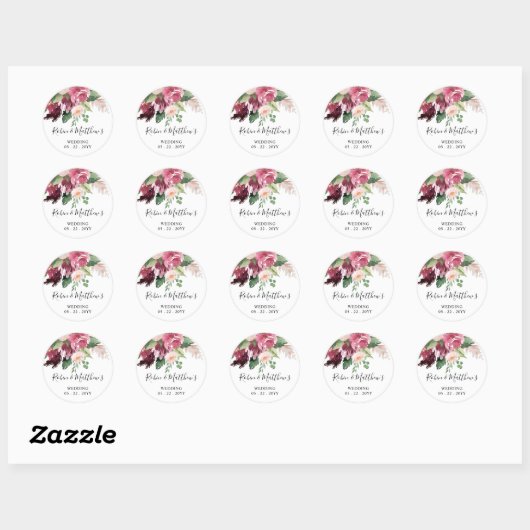 Sticker Rond Sceau / Cadeau d'enveloppe florale rose et Bourgog (Feuille)