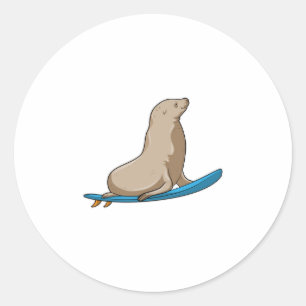Sticker Rond Sceau comme surfeur avec Surfboard