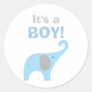Sticker Rond Sceau de Baby shower bleu et gris éléphant