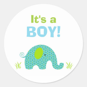 Sticker Rond Sceau de Baby shower bleu et vert éléphant