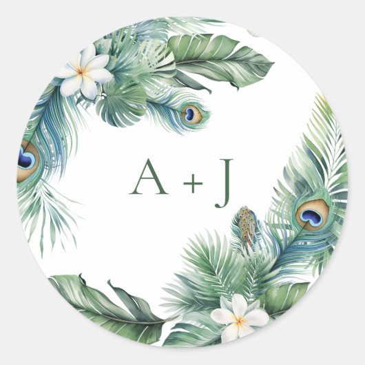 Sticker Rond Sceau de l'enveloppe Mariage de paon indien tropic (Devant)