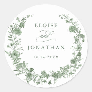 Sticker Rond Sceau de lettre de mariage élégant vert sauge vint