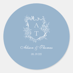 Sticker Rond Sceau de mariage à l'emblème de monogramme bleu po