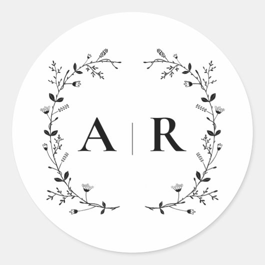 Sticker Rond Sceau de mariage à motif de vigne, monogramme (Devant)