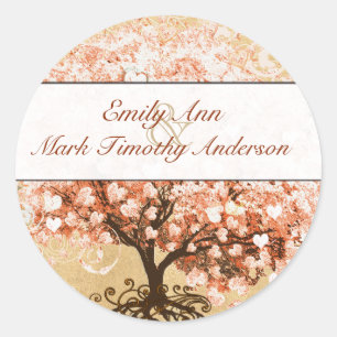 Sticker Rond Sceau de mariage en forme d'arbre à feuilles en cœ