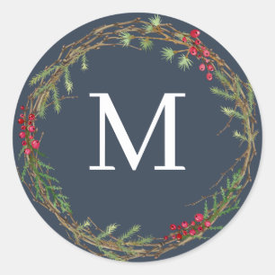 Sticker Rond Sceau de monogramme de couronne de Noël de la Mari