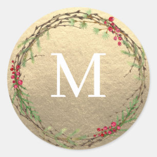 Sticker Rond Sceau de monogramme de couronne de Noël en or